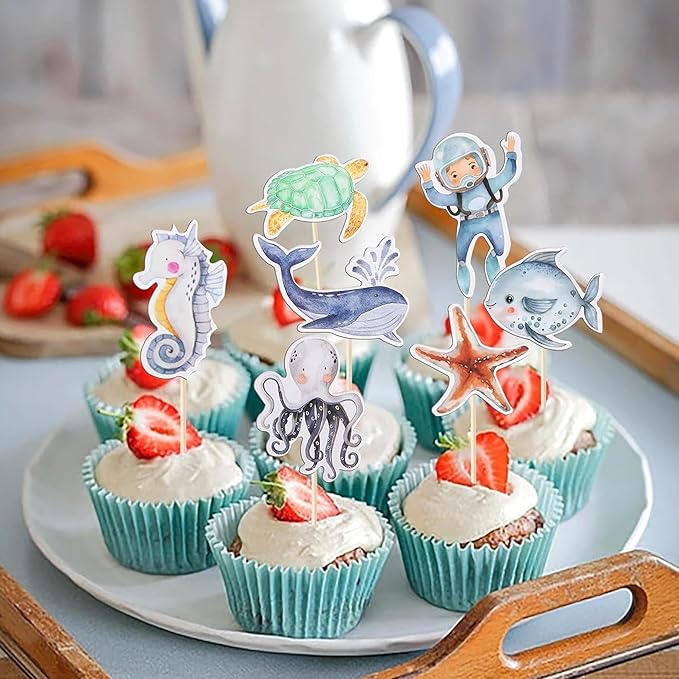 36 Pack Mermaid Cupcake Toppers Under The Sea Octopus Starfish Mermaid Tail Cupcake Picks Jellyfish Seahorse Coral Cupcake Decorations for Baby Shower Under The Sea Birthday Cake Decorations