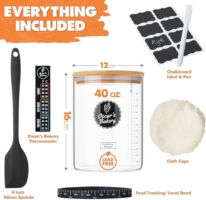 Oscar's Bakery Sourdough Starter Jar Kit ??Sour dough Glass Crock with Lid, 40 oz, Includes Accessories & Recipe, Large Sourdough Jar for Bread Baking Supplies