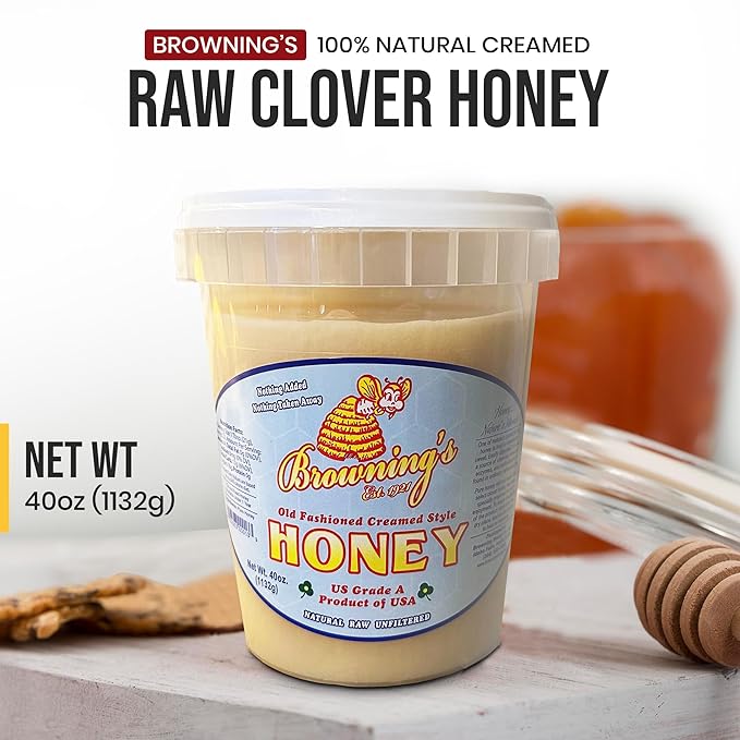 Browning's 40 oz Creamed Raw Clover Honey | 100% Pure, Natural & Unfiltered | Premium Old-Fashioned Honey - Product of the USA