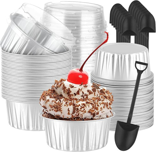 100Pack Alluminum Cupcake Containers, 5oz Dessert Cups with Lids, Mini Cake Pans With Lids&Spoons for Gift Holiday Party Cake Baking Sales Mini Storage Box Stackable Portable (silver)