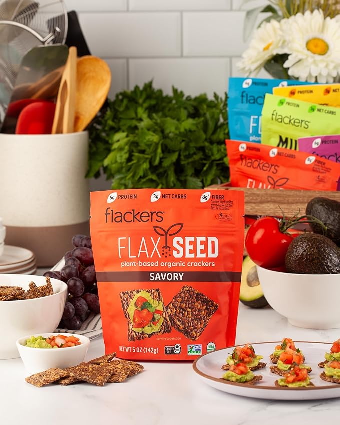 Flackers Organic Savory Flaxseed Crackers, 5 Ounce 6-Pack, Gluten Free, Non GMO, Vegan, Keto Snack, 8g Fiber, 3g Net Carbs
