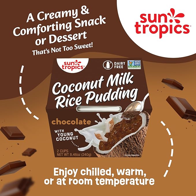 Sun Tropics Coconut Milk Rice Pudding Snack, Chocolate | Vegan Pudding, Dairy Free Pudding Snacks | Gluten Free, Low Sugar, Non-GMO | Ready-to-Eat Pudding Cups 8.46 Oz (Pack of 6)