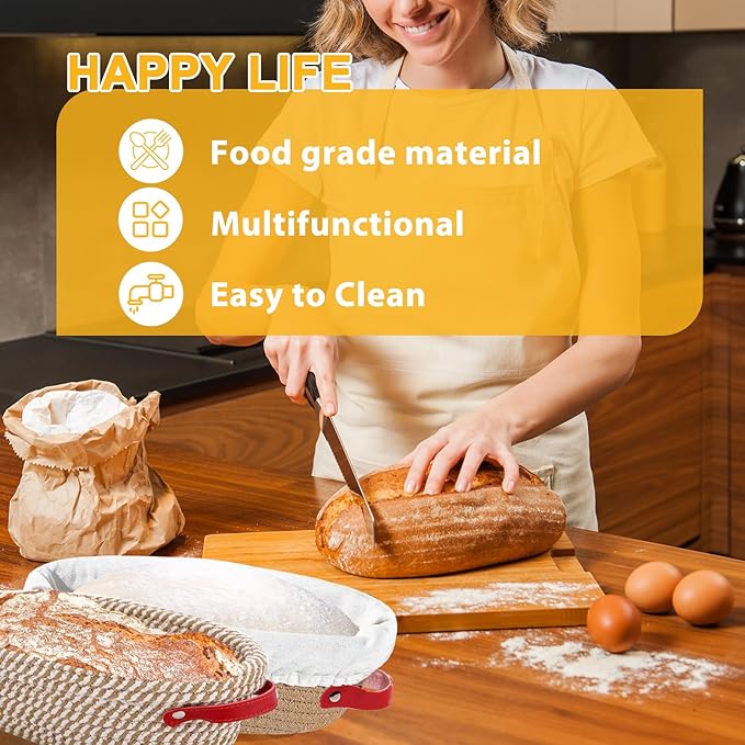 10 Inch Oval Cotton Rope Banneton Bread Proofing Basket Banneton Basket Set of 4 Sourdough Bread Baking Supplies with Liner & Cover