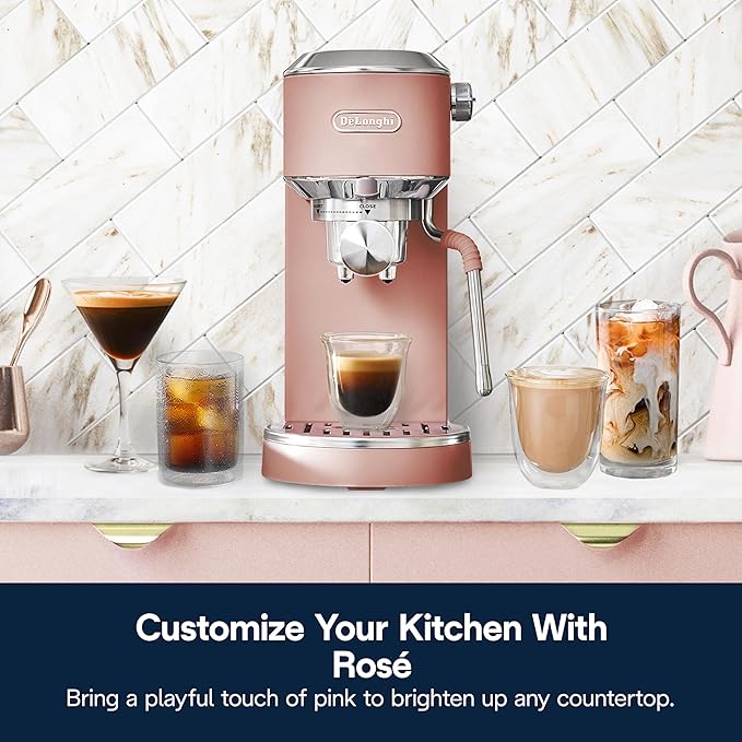 De'Longhi Dedica Duo Compact Espresso Machine - Cold Brew Coffee Maker with Milk Frother Wand- for Espresso, Hot & Iced Coffee, Cappuccinos, Lattes & Home Barista Brewing, Ros챕 Pink