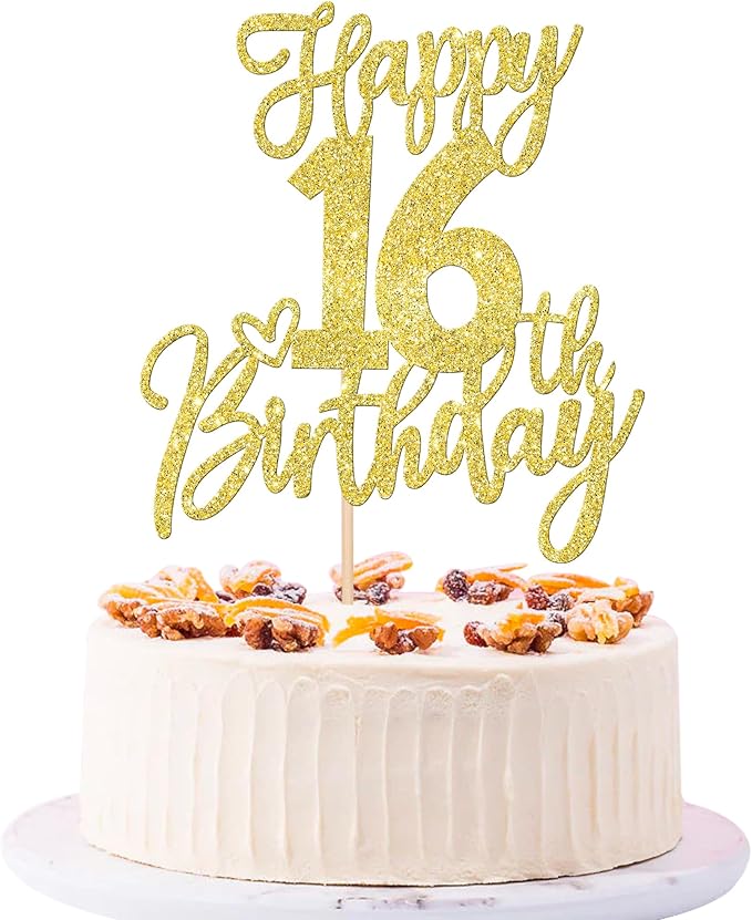 1 PCS Happy 16th Birthday Cake Topper Glitter Cheers to 16 Years Birthday Cake Pick Sixteen Sweet 16 Cake Decoration for Happy 16th Birthday Anniversary Theme Party Decorations Supplies Gold