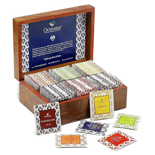 Octavius Gift's Select - Assorted Tea in Wooden Box | 6 Flavors, 90 Tea Bags | Black & Green | Gifts for Women & Men | Variety Pack