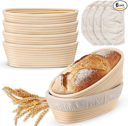 P&P CHEF Sourdough Bread Proofing Basket Set of 6, 10 Inch Oval Dough Proofing Bowls, Sourdough Bread Baking Supplies for Bakers, Handmade Rattan Baskets with Cloth Liner