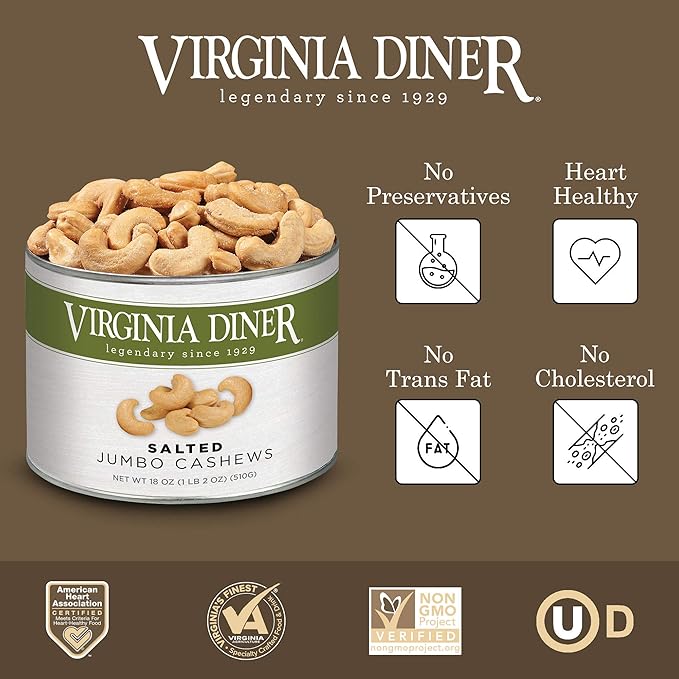 Virginia Diner Jumbo Salted Cashews - Non-GMO, Preservative Free Gourmet Cashews Gift from Virginia Since 1929-18 Oz Can
