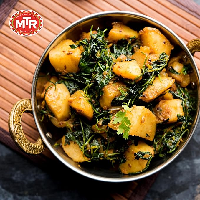 MTR - Alu Methi - Curried Potato with Fenugreek Leaves - Authentic Indian Ready To Eat Meal, Plant-Based, Delicious Microwave Food, Perfect for Quick & Nutritious Indian Cuisine Lovers (Pack of 6)