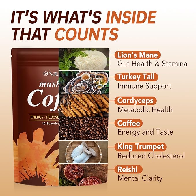 Mushroom Coffee Organic with 10 Adaptogenic Mushrooms, Grown Instant Coffee for Better Energy, Focus, Digestion, Immunity with Lions Mane & Turkey Tail, 30 servings