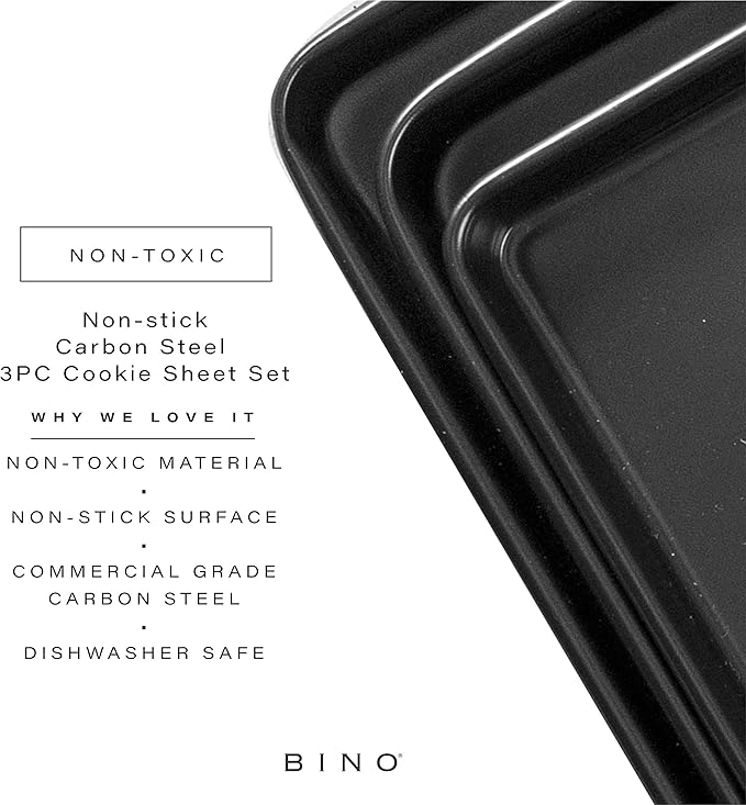 BINO Bakeware Nonstick Cookie Sheet Baking Tray Set, 3-Piece - Black | Non Stick Baking Pans Set | Carbon Steel Tray Bakeware Sets | Oven Safe | Cookie Sheet Pans | Food-Safe