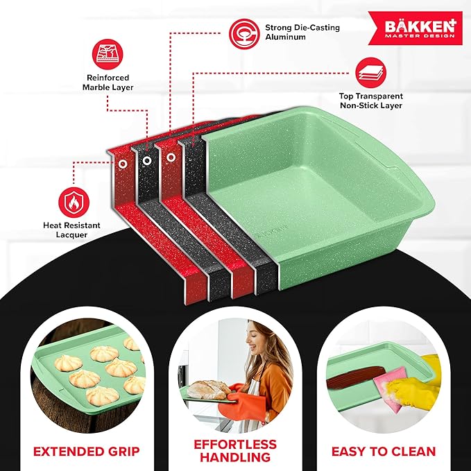 BAKKEN Kitchen Baking Pan Set - Nonstick Green Marble Coating, Commercial Grade Carbon Steel Bakeware Sets, Baking Kitchen Essentials, PFOA, PFOS, PTFE Free, Oven Safe Tray (Up To 450° F), Set of 6