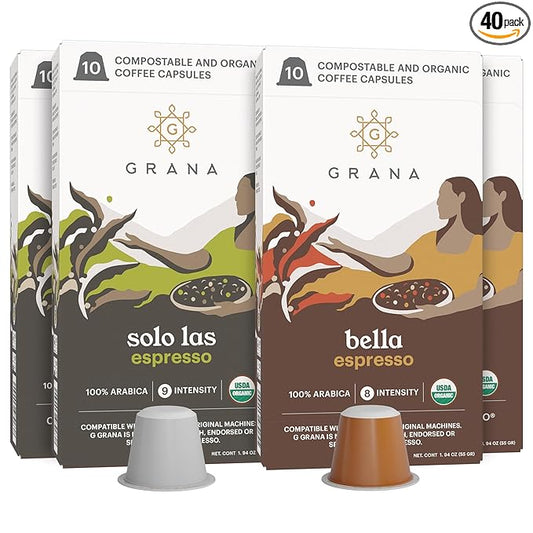 G GRANA Coffee Pods, Compatible with Nespresso OriginalLine, 40 Count, Medium and Dark Roast, USDA Organic 100% Arabica Single Source Specialty Coffee, Compostable Single Serve Capsules