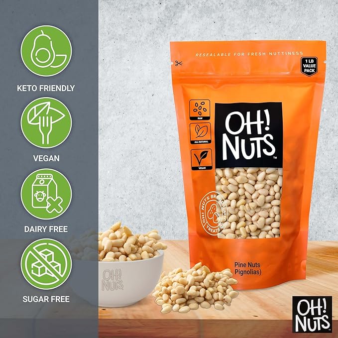 Oh! Nuts Pine Nuts (Pignolias) - Raw - 100% Natural Pine Nuts - 1 lb Bulk Bag - Premium Pignoli Packed with Protein
