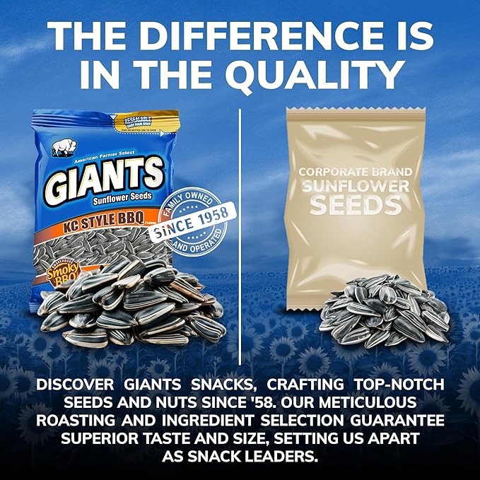 GIANTS KC Style BBQ Sunflower Seeds - Sunflower Seeds Bulk, Roasted Sunflower Seeds to Eat, BBQ Flavor, Healthy Snack with 8g Protein Per Serving - 5 oz Resealable Bags (Pack of 3)