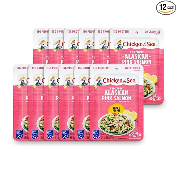 Chicken of the Sea Alaskan Pink Salmon, 2.5 Ounce Packets (Box of 12), Wild Caught Salmon, Lemon Pepper
