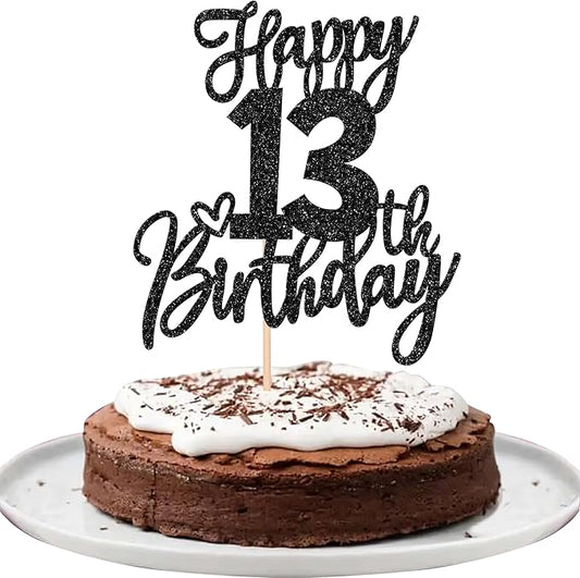 1 PCS Happy 13th Birthday Cake Topper Glitter Cheers to 13 Years Birthday Cake Pick 13 Official Teenager Cake Decoration for Happy 13th Birthday Anniversary Theme Party Decorations Supplies Black