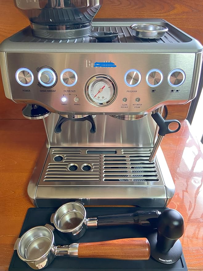 54mm Bottomless Portafilter Fits Breville Barista Espresso Machine Stainless Steel Naked Portafilter Along with Double Shot Filter Basket Coffee Bottomless Handle-Wooden