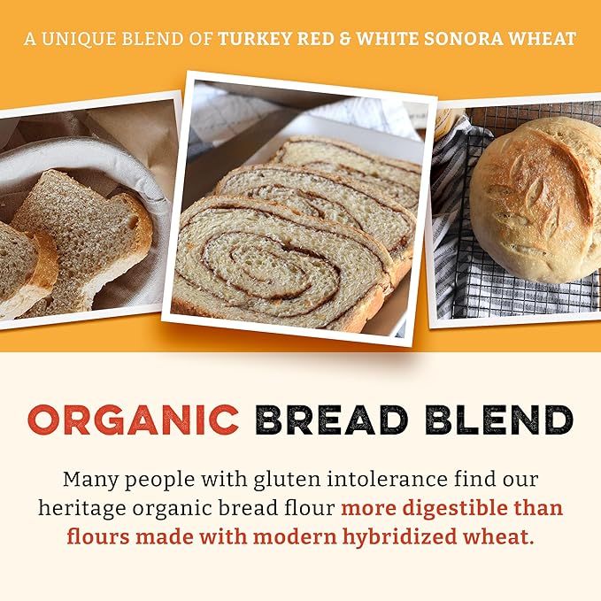 Sunrise Flour Mill Heritage Organic Bread Flour Blend - 2.0 lbs | Organic Unbleached Bread Flour Easy to Digest with Less Bloating | High Protein for Superior Baking | Smooth, Nutty Flavor