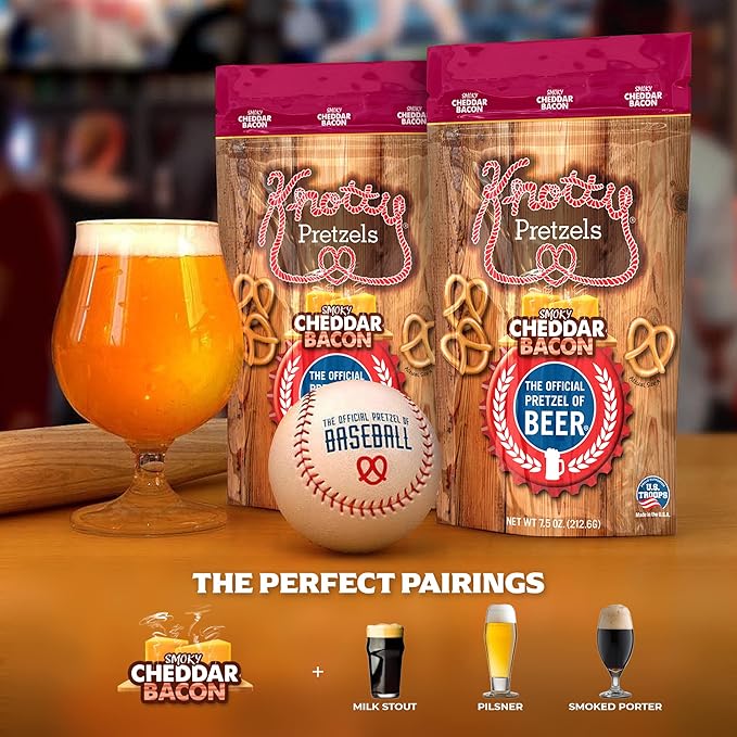 Knotty Pretzels ?쏷he Official Pretzel of Beer??7.5 oz Individual Seasoned Pretzels in Resealable Pretzel Snack Bags, The Perfect Pairing for Beer, Cheddar Bacon Pretzel Flavor (6-Pack)
