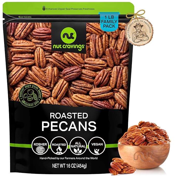 NUT CRAVINGS - Pecans Halves, Roasted & Unsalted, No Shell (16oz - 1 LB) Bulk Nuts Packed Fresh in Resealable Bag - Healthy Protein Food Snack, Food Assortments