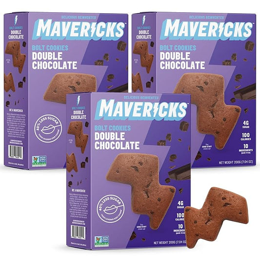 Mavericks Double Chocolate Bolt Cookies - Plant-Based Chocolate Chip Cookies, Healthy, Plant Based Snack for Kids, Nut Free, 40% Less Sugar - 7 oz Box (3 Pack)