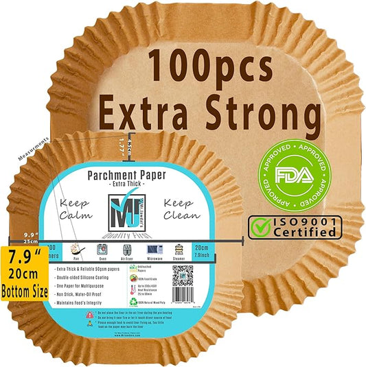 ((Extra Strong)) Air Fryer Disposable Paper Liner 100Pcs, Mr.Jawdat's Strong AirFryer Liners, Non-Stick Liner for Air Fryer and Microwave, Free of Bleach (Square, Bottom Size 7.9inch)