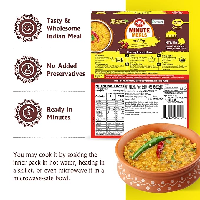 MTR - Minute Meals: Dal Fry - Flavorful Seasoned & Cooked Lentils - Authentic Indian Ready-To-Eat Meal - No Added Preservatives - A Quick Meal Suitable for Vegetarians, Ready in Minutes! (Pack of 6)