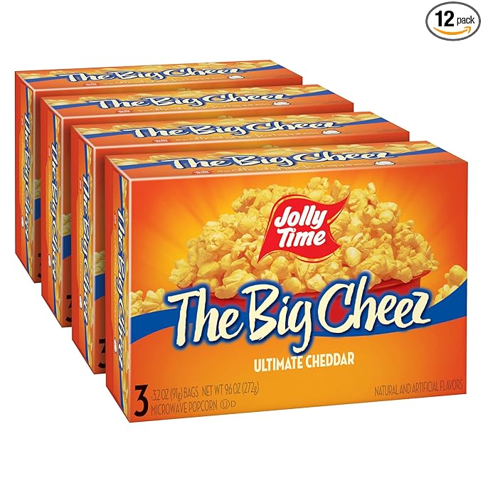 Jolly Time The Big Cheez, Cheddar Cheese Microwave Popcorn, 3.2oz Sharing Bag, 3 Bags Per Carton (The Big Cheez, 3.2 Ounce (Pack of 12))