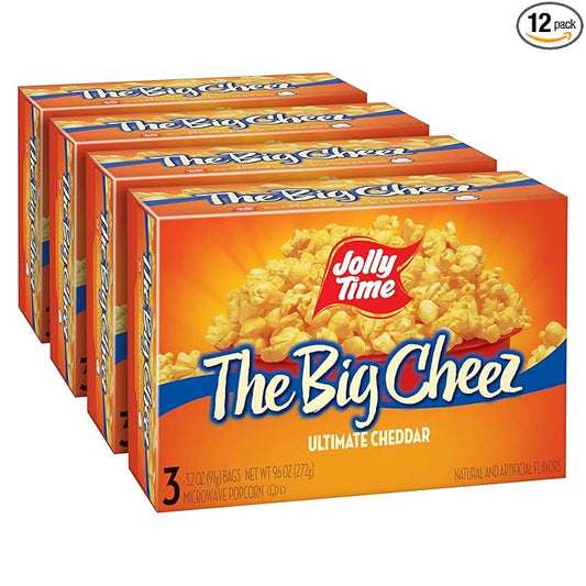 Jolly Time The Big Cheez, Cheddar Cheese Microwave Popcorn, 3.2oz Sharing Bag, 3 Bags Per Carton (The Big Cheez, 3.2 Ounce (Pack of 12))