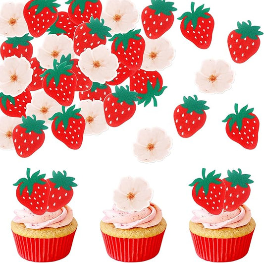 60 PCS Edible Strawberry Cupcake Toppers Wafer Paper Berry Strawberry Birthday Decorations Edible Flower Cupcake Picks for Baby Shower Wedding Birthday Party Cake Food Decorations Supplies