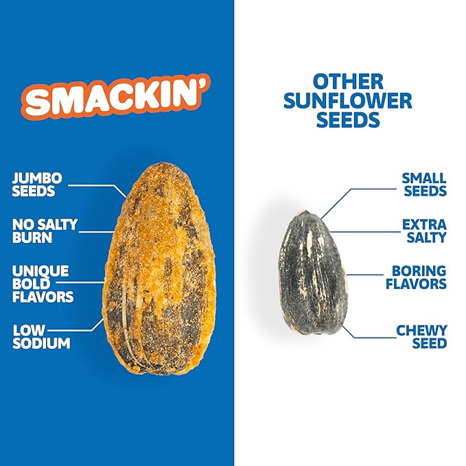 SMACKIN' - Jumbo Roasted Sunflower Seeds, No Salty Burn, American Made, Easy Pour & Seal - Variety Pack, 4oz bag (12 Bags)