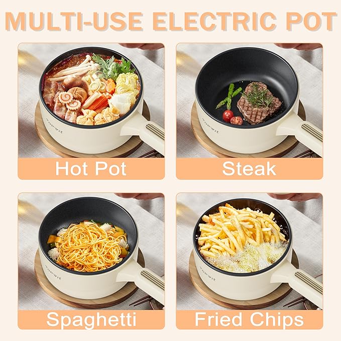 TOPWIT Hot Pot Electric, 2L Multifunctional Electric Pot, Non-Stick Saut챕 Pan, Portable Pot for Steak, Egg, Fried Rice, Ramen, Soup with Dual Power Control (Silicone Spatula Included), Beige