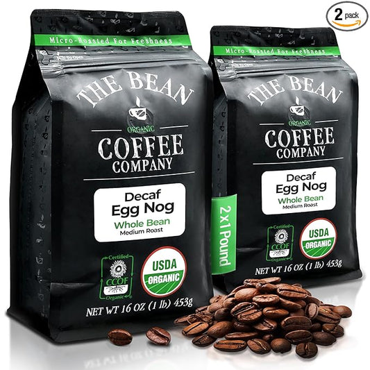 The Bean Organic Coffee Company Water Processed DECAF Egg Nog, Medium Roast, Whole Bean Coffee, 16-Ounce Bags (Pack of 2)