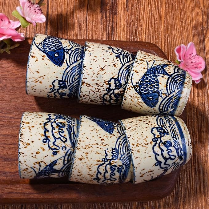 Porcelain Sake Cups of 6, Set of Cups for Japanese Wine Sake
