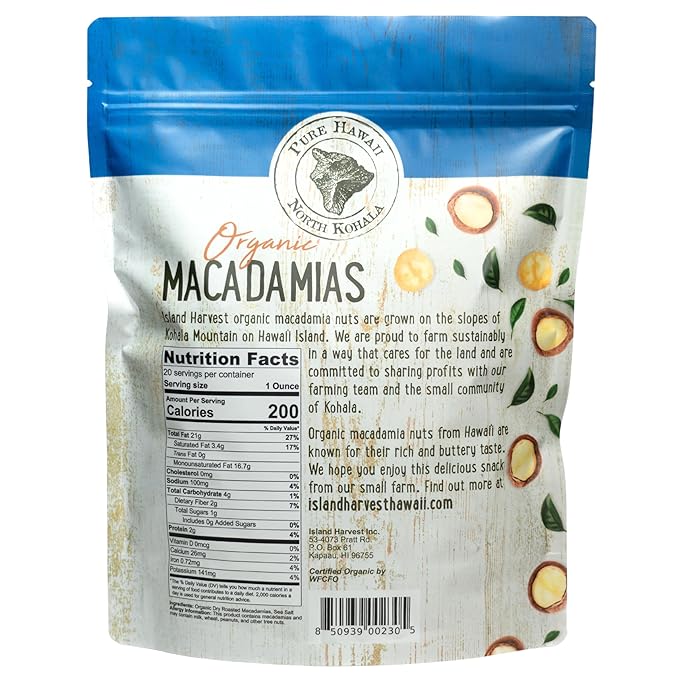 Island Harvest Organic Macadamia Nuts with Sea Salt - 100% Hawaiian Keto Friendly Nuts, All-Natural Non-GMO Macadamia Nuts Salted, Gluten-Free Dry Roasted Whole and Half Nuts; 20 Ounce (Pack of 1)