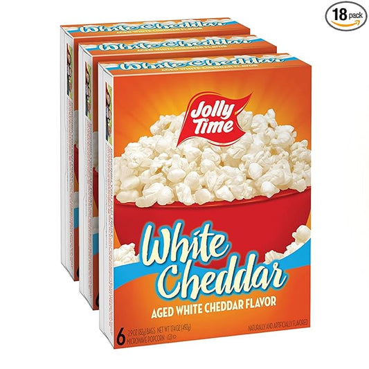 Jolly Time White Cheddar Cheese Microwave Popcorn, 2.9oz Sharing Bag, 6 Bags Per Carton (White Cheddar, 2.9 Ounce (Pack of 18))