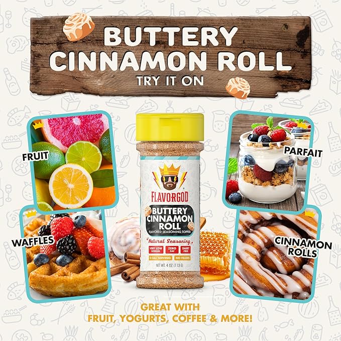 Flavor God 2 Bottles Buttery Cinnamon Roll Seasoning Topper Mix, Natural Healthy Blend, Bread, Pudding, Coffee Sprinkles, Oatmeal, Sandwiches & Ice Cream, Low Sodium, Kosher, Gluten Dairy Free