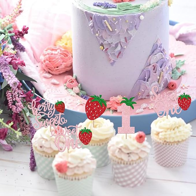 24 Pack Sweet One Cupcake Toppers Glitter First Birthday Strawberry Cupcake Picks for Fruit Baby Shower 1st Birthday Berry Sweet Cupcake Decorations Party Supplies Pink
