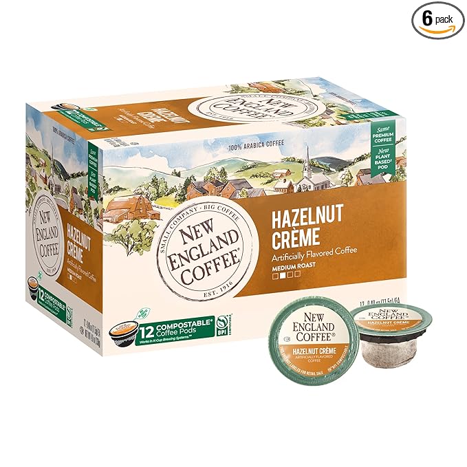 New England Coffee Hazelnut Crème Medium Roast Single Serve Pods, 12ct Box (Pack of 6)