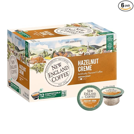 New England Coffee Hazelnut Crème Medium Roast Single Serve Pods, 12ct Box (Pack of 6)