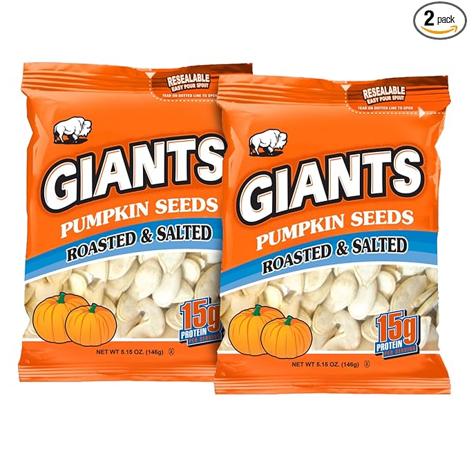 GIANTS Pumpkin Seeds - Pumpkin Seeds in Shell, Pumpkin Seeds to Eat, Roasted and Salted, Whole Pumpkin Seeds with Shell, High Protein Snack with 15g Protein Per Serving - 5.15 oz (Pack of 2)