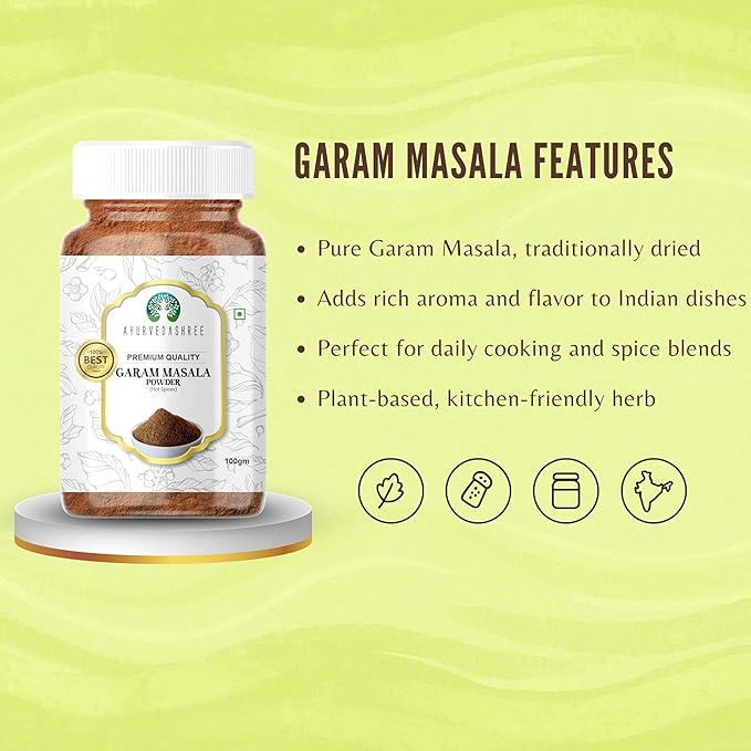AYURVEDASHREE Garam Masala Powder (Indian 11-Spice Blend) 100gm PET Jar | All Natural | Salt-Free | Vegan | No Colors | NON-GMO| Indian Origin