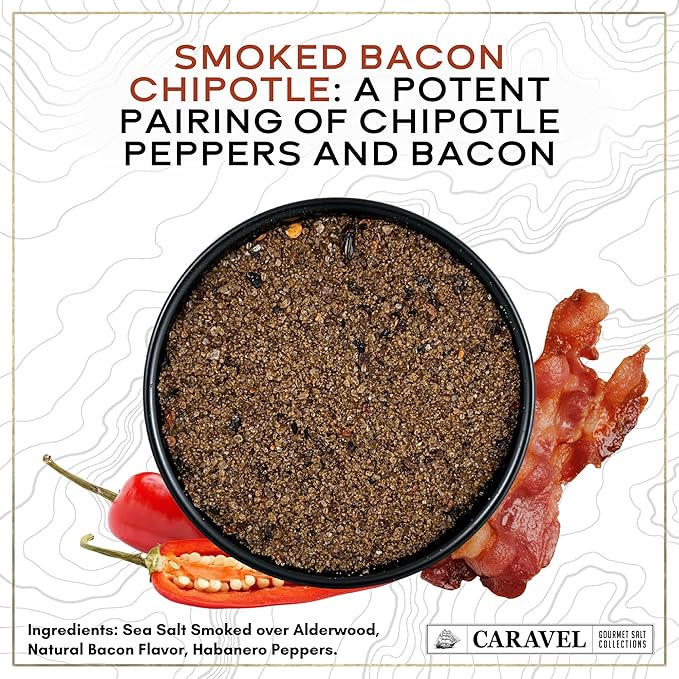 Infused Sea Salt Mega Sampler: Smoked Bacon Chipotle, Salt & Pepper, Garlic Herb, and Black Lava Sea Salts, 4 oz Jar 4-Pack, Caravel Gourmet
