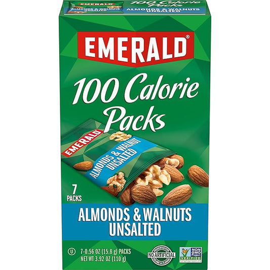 Emerald Nuts Unsalted Almonds and Walnuts 7 Ct (1-Pack), 100-Calorie Individual Packs of Nut Blend, Kosher Certified, Non-GMO, Contains No Artificial Preservatives, Flavors or Synthetic Colors