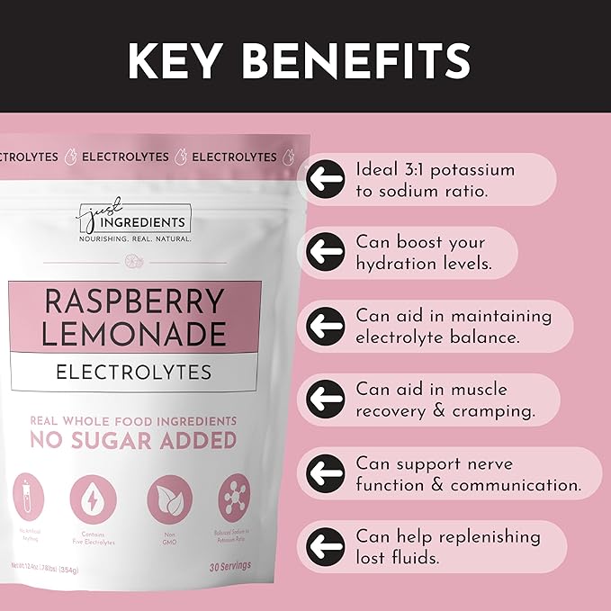 Raspberry Lemonade Electrolytes ??30?‘Serving Hydration Drink Mix with Coconut Water, Essential Minerals & Real Fruit Flavors ??Sweetened with Monk Fruit & Stevia ??No Artificial Ingredients