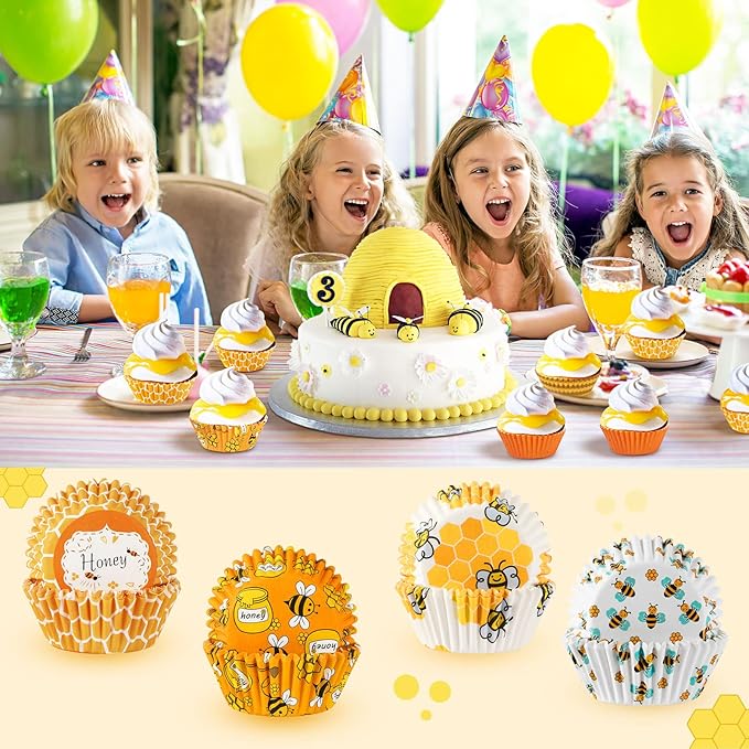 SANNIX 450pcs Yellow Cupcake Liners - 9 Bee Designs for Parties & Celebrations