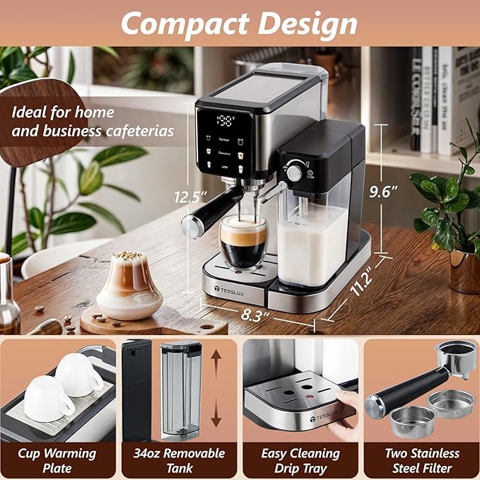 Espresso and Cappuccino Machine, 20 Bar Dual Boiler Latte Maker with Touch Control & Digital Temperature Display, Compact Coffee Machine for Home, Automatic Milk Frother