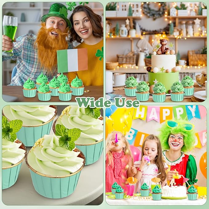 300 Pack Green Gold Cupcake Cups Bulk Disposable Foil Muffin Liners 3.5 oz Wrappers for Baking Aluminum Paper Mini Metallic Disposable Holiday Party Wedding Festival Supply