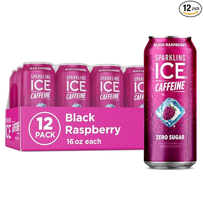 Sparkling Ice Caffeine Black Raspberry Sparkling Water with Caffeine, Zero Sugar, with Antioxidants and Vitamins,16 fl oz Cans (Pack Of 12)